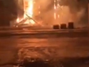 A fire destroyed a grain elevator in Turtleford, Saskatchewan Tuesday night. (Screen Capture)
