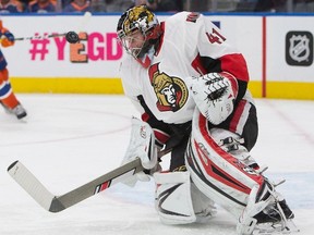 In this Oct. 30, 2016, file photo, Ottawa Senators' Craig Anderson makes a save during second period NHL hockey action against the Edmonton Oilers. (Jason Franson/The Canadian Press via AP, File)