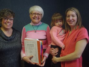 Volunteers from Kedesh Maternity Home are finishing up a 12-week program entitled Home with a Heart. They are looking for community sponsorship to run the program in the future.  From left  Catherine Erb, Carolyn Plitz, Averie and Lindsay Nadeau. (HEATHER RIVERS/WOODSTOCK SENTINEL-REVIEW)