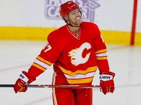 Calgary Flames Dougie Hamilton reacts after giving up a goal to the New York Rangers during NHL hockey in Calgary, Alta., on Saturday, November 12, 2016. (AL CHAREST/POSTMEDIA)