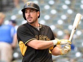 In this Aug. 25, 2016, file photo, Pittsburgh Pirates' Matt Joyce warms up before a baseball game against the Milwaukee Brewers,in Milwaukee. (AP Photo/Benny Sieu, File)