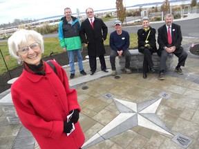 Ernst Kuglin/The Intelligencer
Donna O'Neil is impressed with the tribute to her late husband. The Hugh O'Neil Tribute Garden is nearly finished but the fund raising committee still needs support to complete the project. O'Neil was joined Wednesday by committee members Dave O'Neil, Duncan Armstrong, Andre Ypma (landscaper), Pat Tripp and Wayne Garrison.