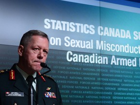 General Jonathan Vance, Chief of the Defence Staff speaks as the Canadian Armed Forces addresses the findings of a Statistics Canada Survey on Sexual Misconduct in the Canadian Armed Forces during a news conference at National Defence hadquaters in Ottawa on Monday, Nov. 28, 2016. THE CANADIAN PRESS/Sean Kilpatrick