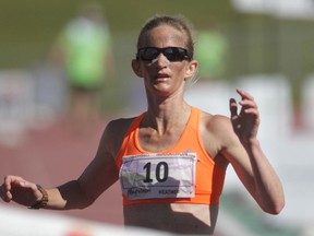 Heather Magill won the women's full marathon at the Manitoba Marathon. The finish line for the 2017 race is being moved to Investors Group Field from Pan Am Stadium. (Chris Procaylo/Winnipeg Sun file photo)
