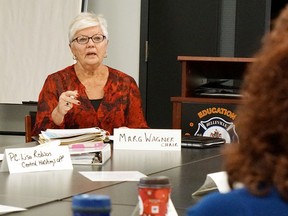 Luke Hendry/The Intelligencer
Chairwoman Marg Wagner speaks during a meeting of the Community Safety and Well Being Committee Wednesday at the Belleville Fire Department headquarters. The interagency group focuses on cases in which people are at risk of suffering or causing immediate harm.