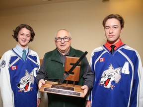 Sudbury Wolves major bantam AA captain Max Mahaffy  and assistant Cole Kennedy with Silver Stick regional director Peter Michelutti at the Silver Stick press conference in Sudbury, Ont. on Tuesday November 29, 2016. The Sudbury Silver Stick gets underway this Thursday.Gino Donato/Sudbury Star/Postmedia Network