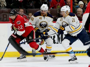 Senators forward Chris Kelly skates away from Buffalo Sabres’ William Carrier (centre) and Kyle Okposo at the Canadian Tire Centre on Nov. 30. (Julie Oliver, Postmedia Network)