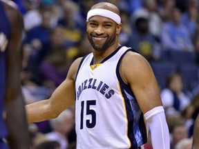 Memphis Grizzlies guard Vince Carter reacts in the first half of an NBA basketball game against New Orleans, in Memphis, Tenn. (AP Photo/Brandon Dill, File)