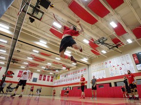 The Fanshawe Falcons men?s volleyball team, who were ranked No. 1 in the country for the first time in program history a few weeks ago, practises Wednesday in preparation for a Friday match at home against Redeemer.  (CRAIG GLOVER, The London Free Press)