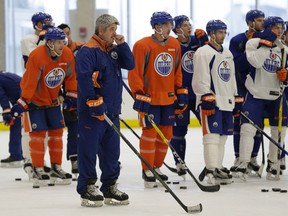 Todd McLellan, shown here running practice at Rogers Place on Wednesday, says while it's too early to be assessing the team based on standings, he wouldn't be happy as a fan after assessing the team's recent performance. (Larry Wong)