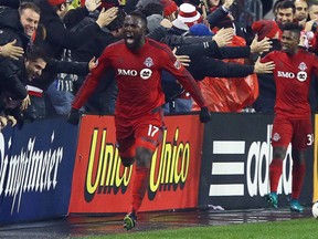 Jozy Altidore of Toronto FC celebrates his goal against the Montreal Impact during the MLS Conference Finals, Game 2 at BMO field in Toronto on Wednesday November 30, 2016. (Dave Abel/Toronto Sun/Postmedia Network)