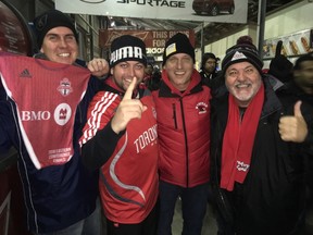 Gino Vecia, right, with sons James, from left, and Jordan and nephew Guy Dalesio at the Toronto FC game Wednesday, Nov. 30, 2016. (Joe Warmington/TorontoSun)