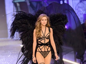Gigi Hadid managed to keep her cool when her outfit broke at the Victoria’s Secret Fashion Show. She narrowly avoided a wardrobe malfunction when one of her chest straps snapped. (C.Smith/WENN.com)