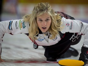 Team Jones skip Jennifer Jones of Winnipeg looks down the ice during her draw 1 victory over Kelsey Rocque of Edmonton at the Canada Cup of curling in Brandon on Wednesday. (THE CANADIAN PRESS/HO-Michael Burns)