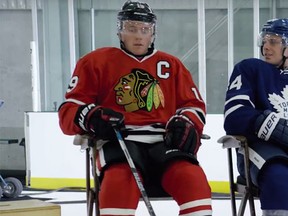 Jonathan Toews and Auston Matthews during a Bauer Hockey video shoot. (YouTube screen grab)