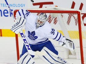 Toronto Maple Leafs goalie Jhonas Enroth makes a save against the Calgary Flames during NHL action in Calgary on Nov. 30, 2016. (AL CHAREST/POSTMEDIA)