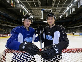 London Knights Finnish players Janne Kuokkanen, left, and Olli Juolevi before practice at Budweiser Gardens on Thursday Dec 1, 2016 (MORRIS LAMONT, The London Free Press)