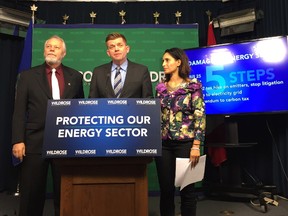 Wildrose MLA Don MacIntyre, party leader Brian Jean, and MLA Leela Aheer introduce the party's five point plan to dismantle much of the government's energy agenda on Dec. 1, 2016. Photo by Stuart Thomson.