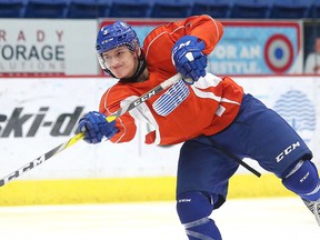 Sudbury Wolves call up Dawson Baker takes a shot during team practice in Sudbury, Ont. on Thursday December 1, 2016. Gino Donato/Sudbury Star/Postmedia Network