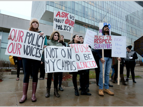 Students were protesting at Carleton University in advance of a board of governors meeting at which the governros at expected to pass the controversial new sexual violence prevention policy in Ottawa Thursday Dec 1, 2016.   (Tony Caldwell, Postmedia)