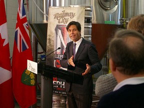 Eric Hoskins, Ontario minister of economic development, trade and employment, announces just under $1 million in job creation funding Thursday in St. Thomas at Railway City Brewing Company, Edward St., one of the recipients.