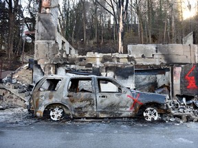 A burnt vehicle sits on a wildfire damaged property in Gatlinburg, Tenn., Friday, Dec. 2, 2016, after residents were allowed back in following the devastating fires on Monday night, Nov. 28. (Michael Patrick/Knoxville News Sentinel via AP)