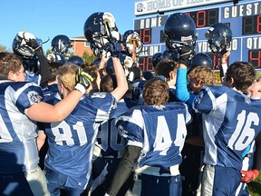 Quinte Saints players celebrate their COSSA AA junior football win over Peterborough Adam Scott at Paul Paddon Field. As it turned out, it was their last chance to celebrate anything during the 2016 season. (QSS Athletics photo)