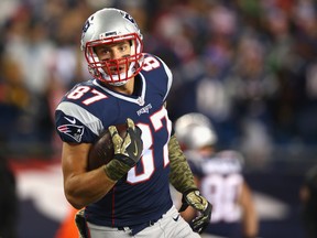 Patriots tight end Rob Gronkowski underwent back surgery this week, likely ending his season. (GETTY IMAGES)