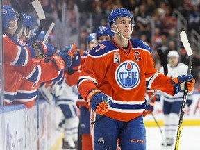 Connor McDavid #97 of the Edmonton Oilers celebrates a goal against the Toronto Maple Leafs on November 29, 2016 at Rogers Place in Edmonton.