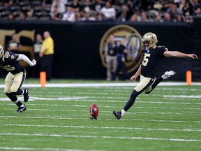 Saints kicker Kai Forbath kicks off the first half of a preseason NFL game against the Ravens in New Orleans on Sept. 1, 2016.  (Butch Dill/AP Photo)