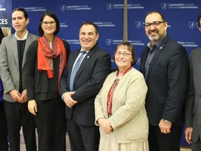 Supplied photo
Laurentian president Dominic Giroux (left), Sheila Cote-Meek, Atikameksheng councillor Steven Nootchtai, Dr. Jennifer Walker, MP Marc Serre, MPP Glenn Thibeault and Rui Wang all attended a service at which new indigenous research initiatives were announced.