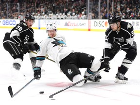 Mikkel Boedker hasn't been able to find his balance with the Sharks all season, managing just four points. (Harry How, Getty Images)