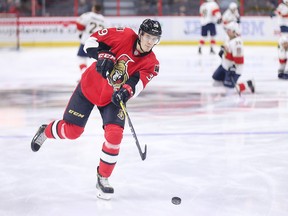 Defenceman Andreas Englund is welcomed to the NHL by his Ottawa Senators teammates by being left alone on the ice during the warmup for 30 seconds or so prior to the start of Saturday's game against the  Florida Panthers in Ottawa. (Wayne Cuddington/ Postmedia)