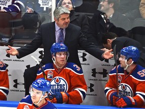 Edmonton Oilers head coach Tood McLellan guestures while playing the Toronto Maple Leafs during NHL action at Rogers Place in Edmonton, Wednesday, November 29, 2016.