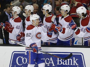 Montreal Canadiens' Artturi Lehkonen (62) is congratulated after scoring a goal against the San Jose Sharks during the third period of an NHL hockey game Dec. 2, 2016, in San Jose, Calif. (BEN MARGOT/AP)