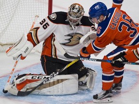 Edmonton Oilers Drake Caggiula (36) can't get the puck past Anaheim Ducks John Gibson (36) during second period NHL action on Saturday, December 3, 2016 in Edmonton.