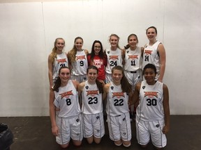 The Sudbury Jam U16 team had a tremendous showing in its first weekend of Ontario Basketball Elite League play. The team is: (front row, left to right) Grace Smrke, Delaney Bourget, Dylann Mazzuchin, Claudia Pellerin, (back row) Heidi Lamothe, Abby Frick, Mireille DiMaio, Sami Dunlop-Bassett, Shannon Clarke and Emilie Lafond. Supplied photo