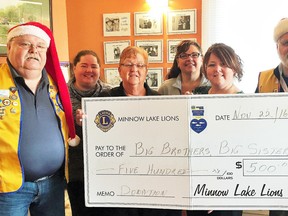 The Minnow Lake Lions donated $500,00 to Big Brothers Big Sisters from left are Blaine Lachance, Lisa McCallum, Shirley Ogilvy, Jeannie Eristhee, Chantal Gladu, Keith Argent.