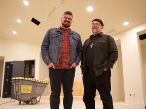 Adam Browett (left), a West Edmonton Christian Assembly pastor, and Bob Gal (right), the outgoing pastor at Marketplace Chapel in West Edmonton Mall, tour the chapel's reimagined space, currently undergoing renovations. A new mall chapel, run by WECA will open in 2017. The chapel has been in the mall for 30 years. Madeleine Cummings / Postmedia
