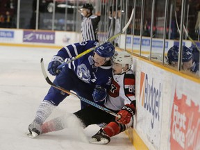Ottawa 67's player Drake Rymsha is taken into the boards by Mississauga Steelheads' Stefan LeBlanc during Sunday's game at TD Place. (David Kawai/Photo)