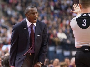 Raptors coach Dwane Casey protests a call durting the first half as the Toronto Raptors played the Atlanta Hawks at the Air Canada Centre in Toronto, Ont. on Saturday December 3, 2016. Stan Behal/Toronto Sun/Postmedia Network
Stan Behal, Stan Behal/Toronto Sun