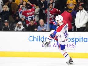 Paul Byron #41 of the Montreal Canadiens celebrates his goal during the overtime sudden death shootout period to give the Canadiens a 5-4 win over the Los Angeles Kings at Staples Center on December 4, 2016 in Los Angeles, California. (Photo by Harry How/Getty Images)