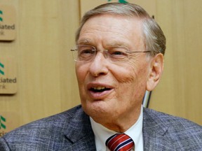 In this Sept. 26, 2014, file photo, Major League Baseball Commissioner Bud Selig speaks before a baseball game between the Milwaukee Brewers and the Chicago Cubs in Milwaukee. Former commissioner Selig and longtime general manager John Schuerholz have been elected to the baseball Hall of Fame. Schuerholz was picked by all 16 voters Sunday, Dec. 4, 2016, on a veterans committee at the winter meetings. Selig was listed 15 times. (AP Photo/Morry Gash, File)
