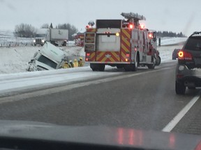A semi slid into the ditch about 15 minutes west of Brandon on the Trans Canada Hgihway. (DOUG LUNNEY/Winnipeg Sun/Postmedia Network)