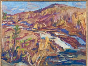 The A.Y. Jackson oil sketch Onaping River, Near Levack, dated to 1953, hangs in a locked cabinet (further protected by an alarm system) at the Copper Cliff Library. While it represents a different time of year than the Jackson painting of High Falls that was stolen from Sudbury Secondary, the perspective is similar. (Photo supplied)