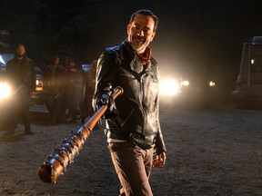In this image released by AMC, Jeffrey Dean Morgan as Negan appears in a scene from 'The Walking Dead.' (Gene Page/AMC via AP)