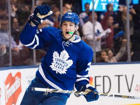 Maple Leafs winger James van Riemsdyk scored the 100th goal of his career in blue and white on Saturday to become the 55th player in franchise history to reach the plateau. (The Canadian Press/Files)