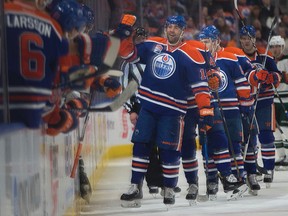 The Oilers celebrate Patrick Maroon's first-period goal against the Wild on Sunday at Rogers Place. (Greg Southam)