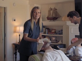 Gwyneth Paltrow, portraying aesthetician 'Gwendoliere' offered facials to two customers as part of a prank video on Vanity Fair's website. (Screengrab)