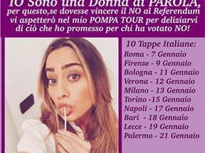 Italian actress Paola Saulino posted a list of dates for her Pompa Tour on her Facebook page. (Facebook photo)
